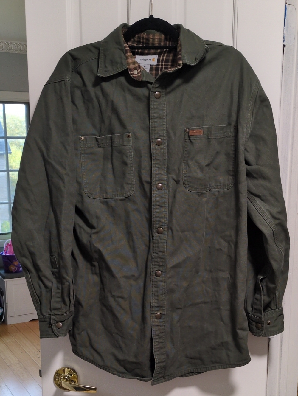 Carhartt Olive Green Canvas Work Jacket with Plaid Lining